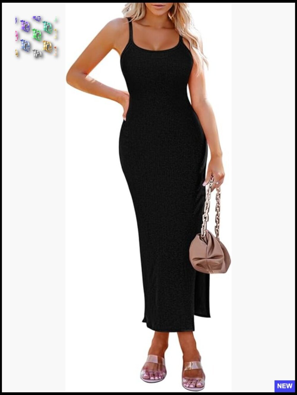 Sleeveless Bodycon Slip Dress Spaghetti Strap Backless Ribbed Split Maxi Long